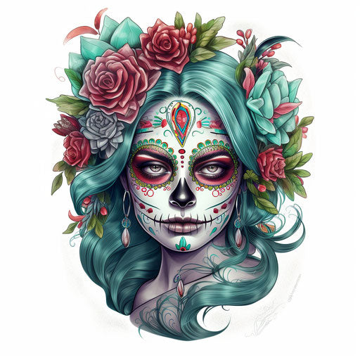 Woman with sugar skull tattoo, pencil drawing, emerald style