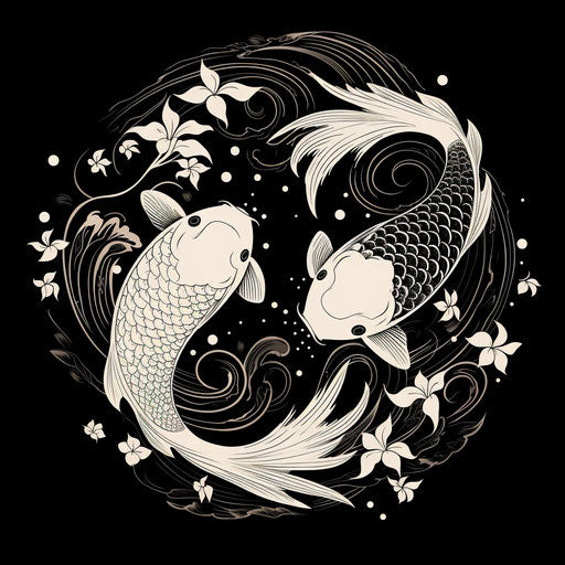 Two yin yang black and white pattern with two koi fish