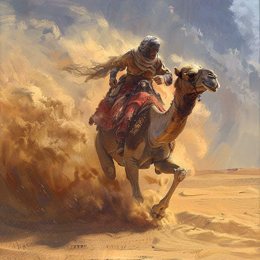 Camel racer in the desert, a cloud of dust