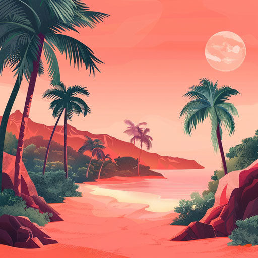 Realistic landscape clipart on vibrant flat coral background