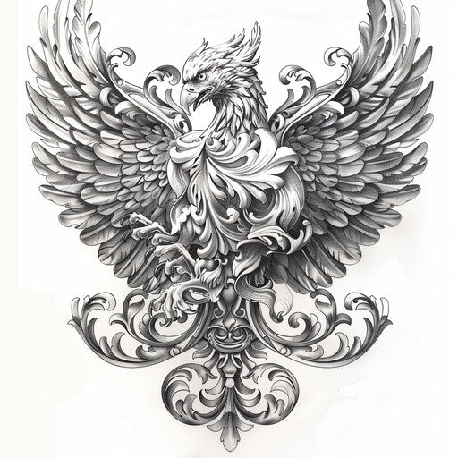 Baroque eagle tattoo with intricate details and scrolls