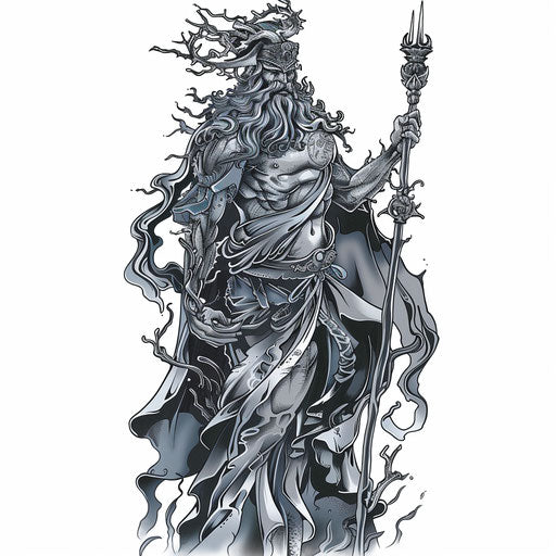 Tattoo design of underworld Greek god with scepter in B&W