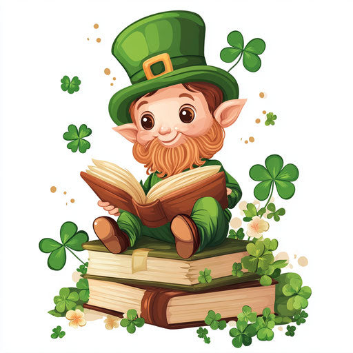Cute leprechaun reading, clipart style, shamrocks and books, vector art