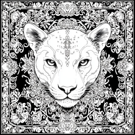 Intricate lace with a panther in the style of Gennady Spirin