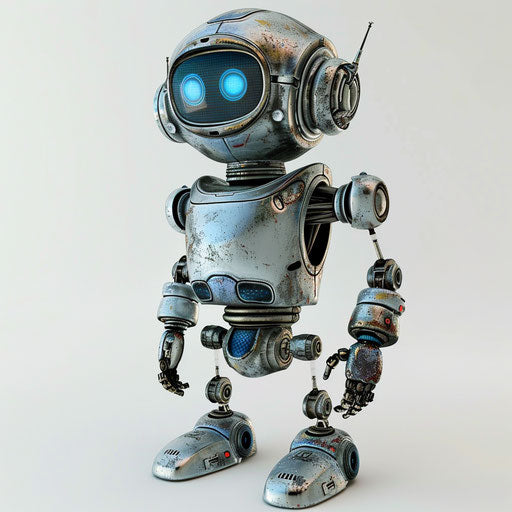 Cartoon robot in silver and blue on a white canvas