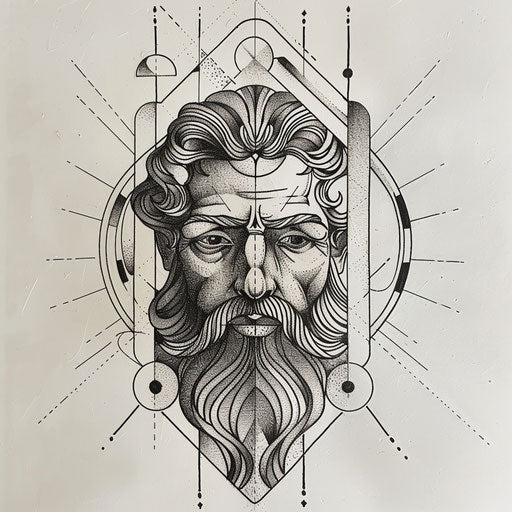 Art Deco tattoo of Zeus, geometric patterns and bold lines