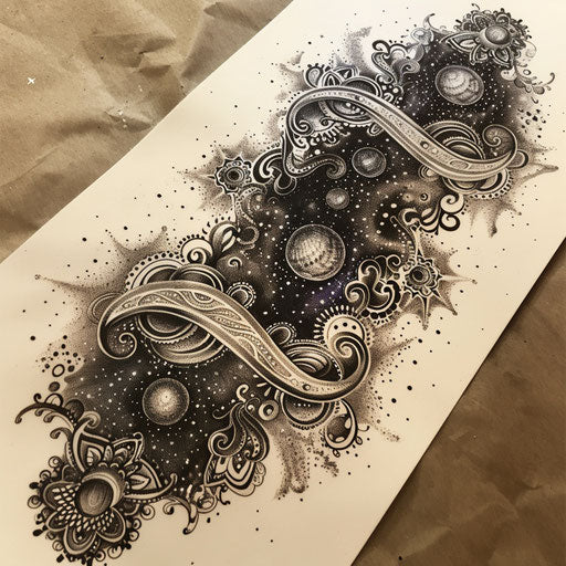 Cosmic lace tattoo sketch with swirling galaxies