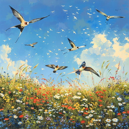 Flight of swallow-tailed kites over a flowering meadow