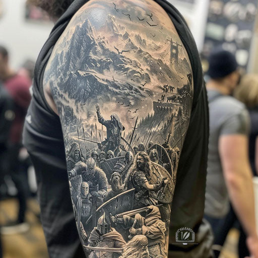 Epic battles and legendary warriors half sleeve tattoo