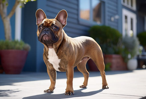 French bulldog outside, light maroon and dark gold style
