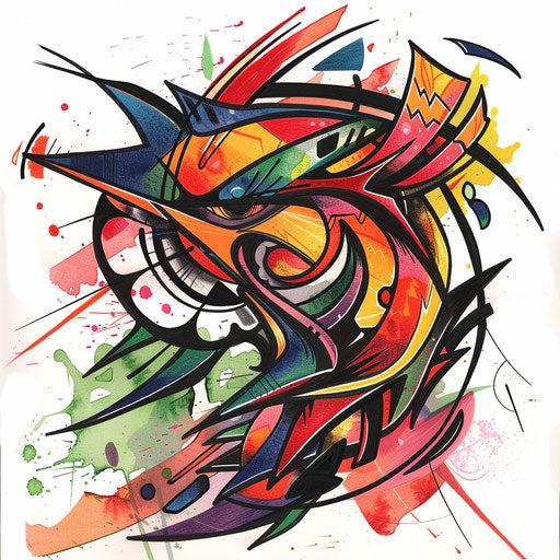 Expressionist tattoo sketch of a Kalinga design with dynamic brush strokes and vivid colors