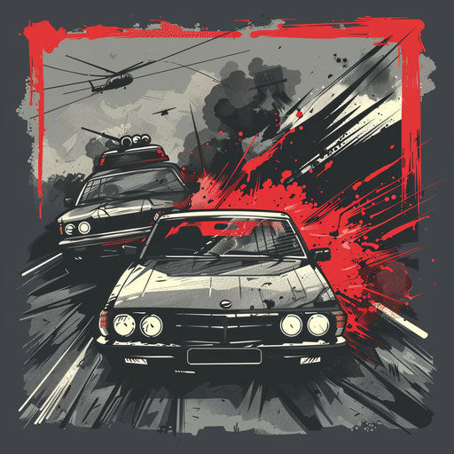 Nostalgic flat tattoo sketch of a 1990s Russian mafia car chase