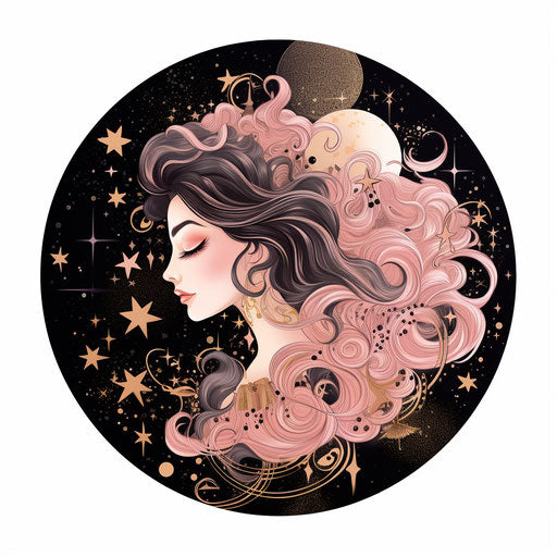 Moon and stars in outer space, light pink and dark bronze style