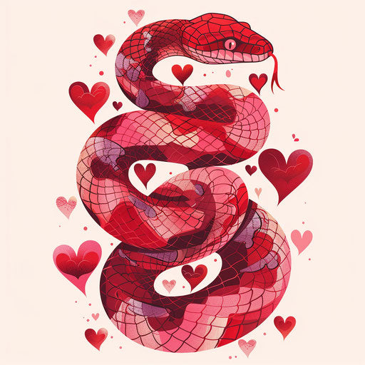Romantic flat tattoo sketch of a red snake with heart-shaped patterns on its skin