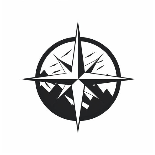 Black and white compass logo on transparent background, nicholas roerich style, spatial