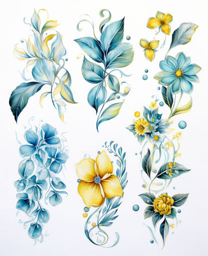 Study of glasswork tattoo drawings of aquamarine leaves