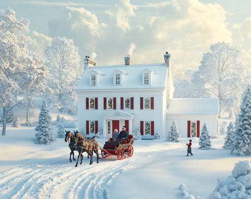 Snowy house with horses pulling sleigh, hyper-realistic view