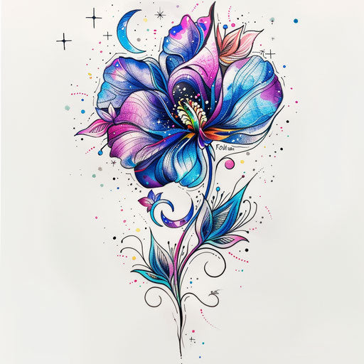 Creative tattoo sketch of a sweet pea with cosmic elements