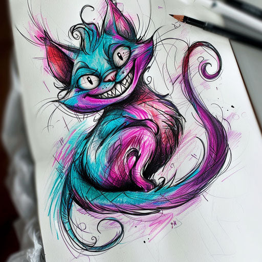 Sketch of a whimsical Cheshire Cat tattoo with vibrant colors, floating on a white canvas, ready for ink
