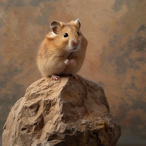 Syrian hamster gracefully perched on a small rock