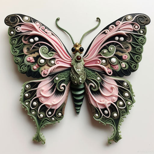 Green and pink butterfly brooch, black and white style, kimono
