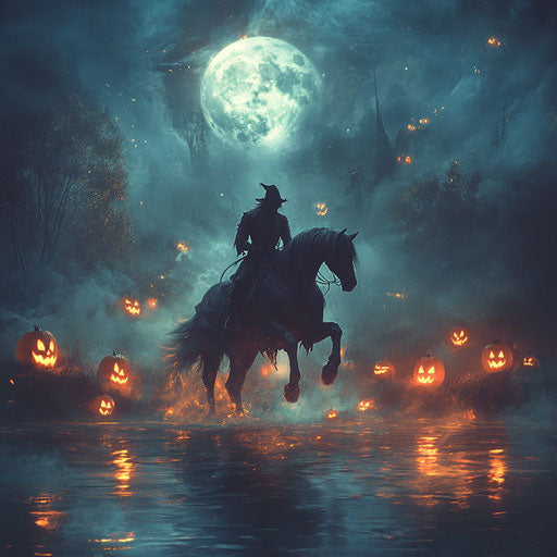The headless horseman on a mist-covered lake under the moon