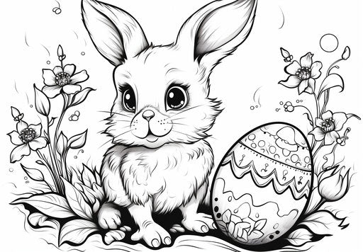 Coloring page cute Easter rabbit with bird and egg