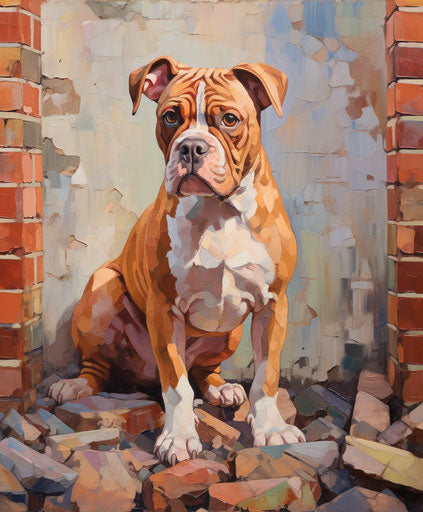 Dog on brick wall, dark orange and light maroon