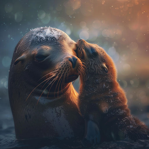 Sea lion with pup under soft light
