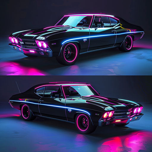 1969 Chevrolet Chevelle SS with neon accents and retro-futuristic aesthetic
