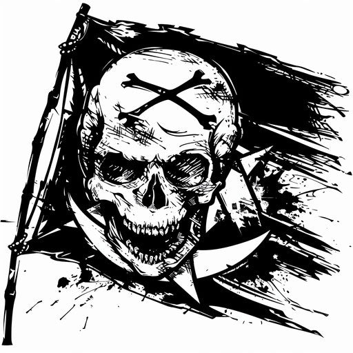 Adventurous tattoo sketch in clipart style, anarchy symbol on a pirate flag, black and white