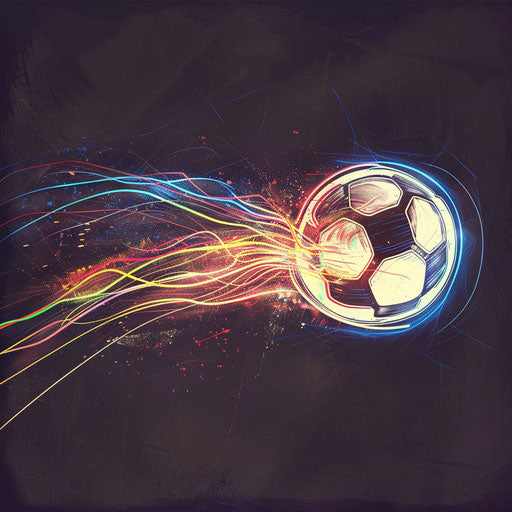 Energetic flat tattoo sketch of a neon soccer ball with a trail of light