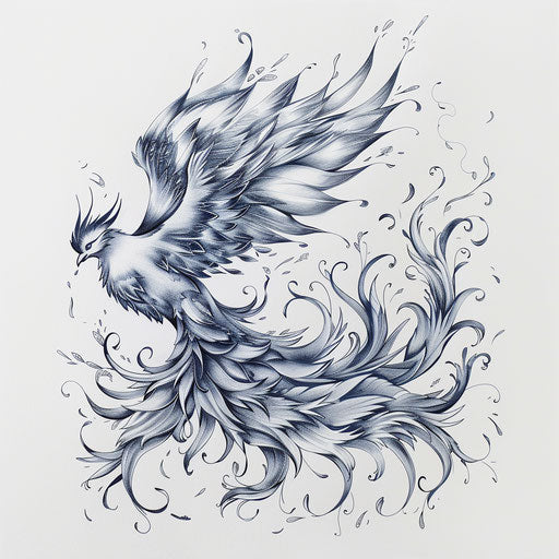 Majestic phoenix rising, captured in fine linework, on white background.
