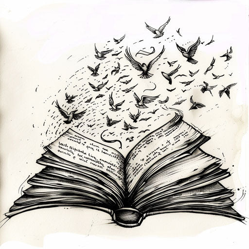 Rustic flat tattoo sketch of an open book with flying letters, suggesting freedom of expression