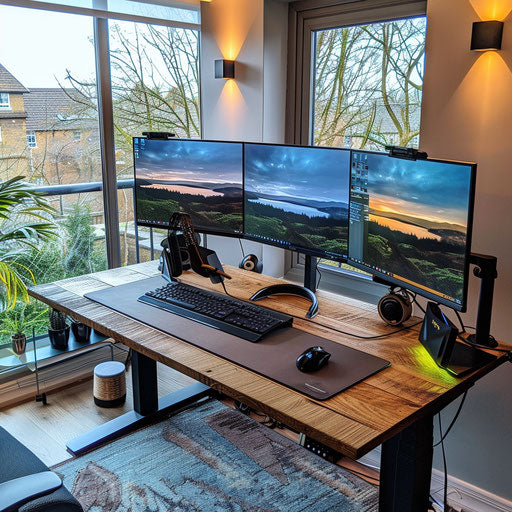 Modern work-from-home setup with dual monitors and standing desk