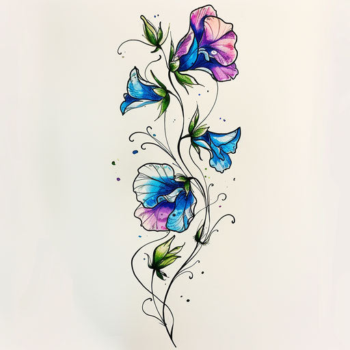 Charming tattoo sketch of a sweet pea in clipart style, accented with delicate watercolor effects