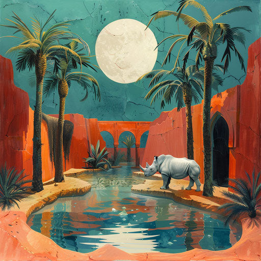 A rhinoceros trekking through a desert oasis