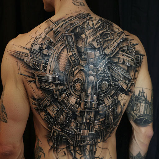 Futuristic back tattoos for men with cybernetic elements