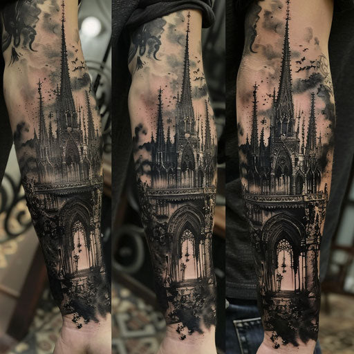 Gothic architecture sleeve tattoo in the style of Gerald Brom
