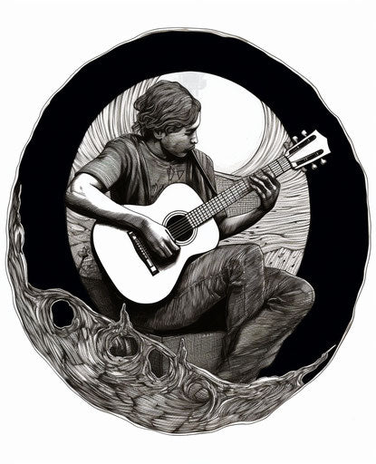 Musician in a circle, biopunk style, on Pluvia