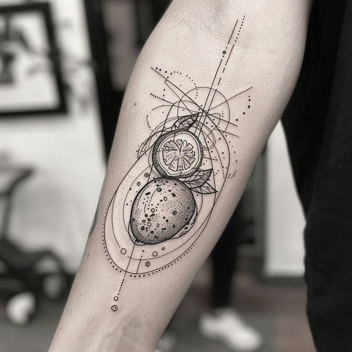 Modern flat tattoo sketch with stylized jagua fruit and abstract shapes