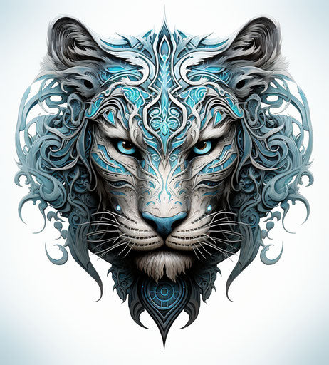 Lion tiger ray tattoo, Maori art style, light silver cyan