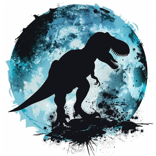 Minimalist T rex silhouette with moon backdrop, blues and blacks
