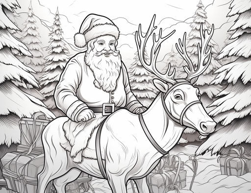 Christmas coloring pages with Santa on the reindeer, style of juxtaposition of hard and soft lines