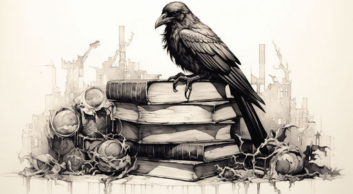 Crow on books, skull style, detailed characters