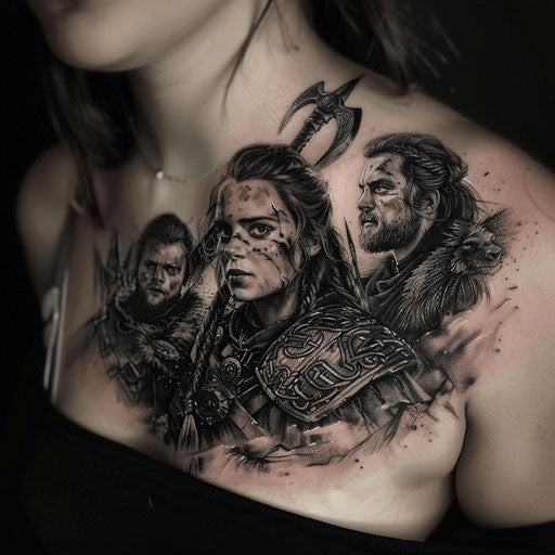 Epic narrative chest tattoo for women with legendary warriors