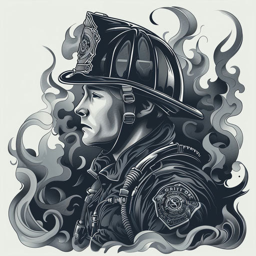 Firefighter in flat tattoo style with elegant smoke swirls