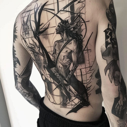 Mythological patchwork tattoo in the style of Gerald Brom