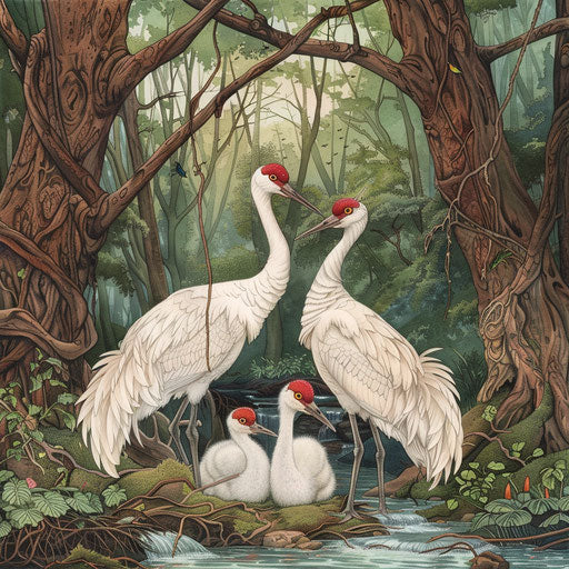 A family of whooping cranes in a hidden grove
