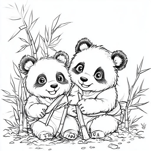 Adorable pandas with bamboo in the coloring book style